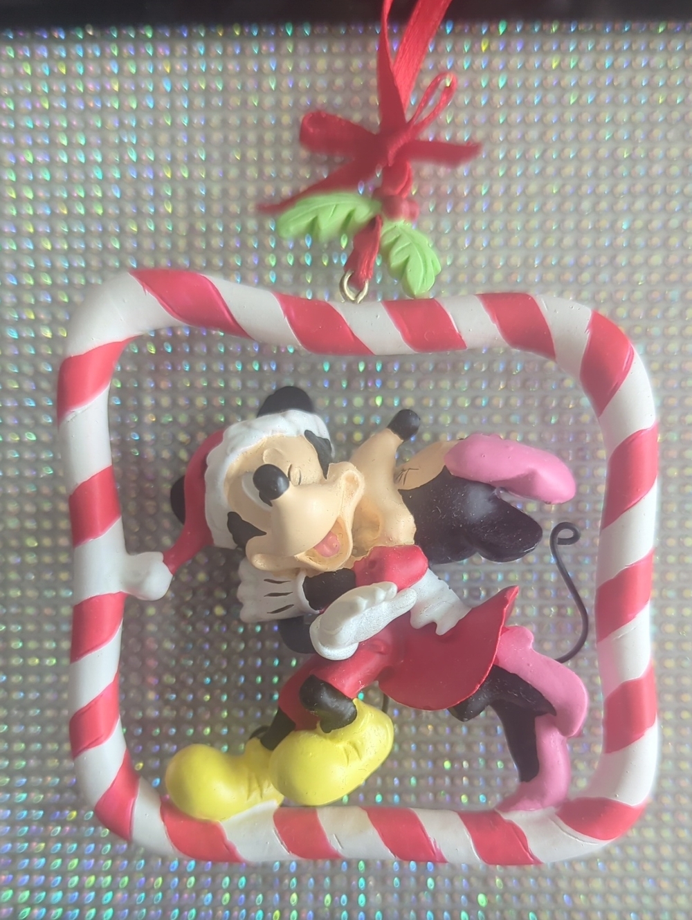Mickey & Minnie Mouse Kissing Candy Cane Square Christmas Tree Ornament